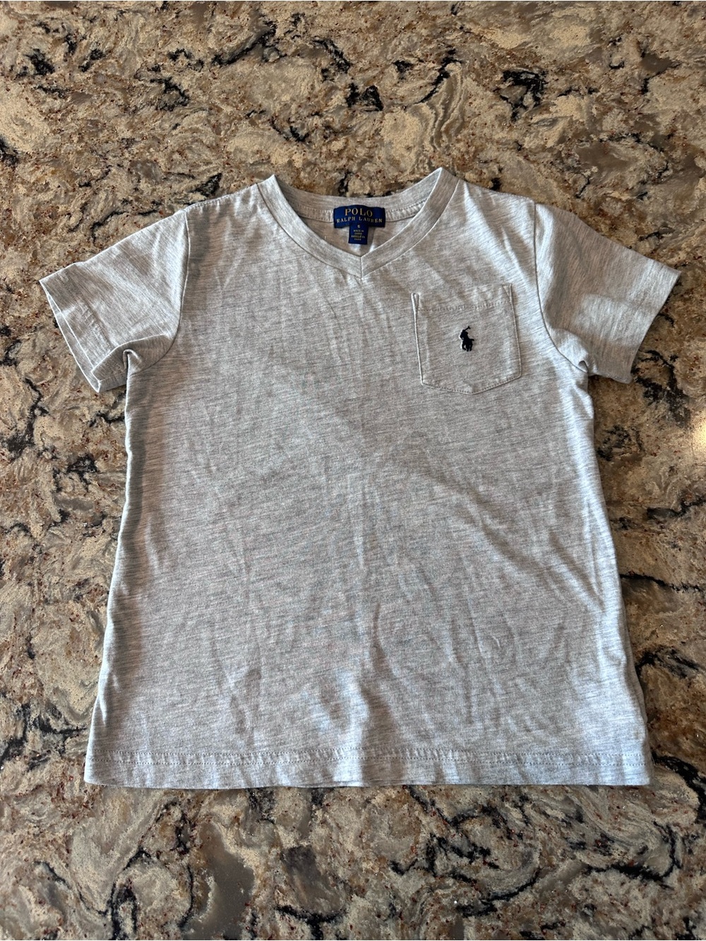 Polo Ralph Lauren Vneck Tee Pocket T-shirt Kids Sz 5 Gray Blue Logo Boys Unisex